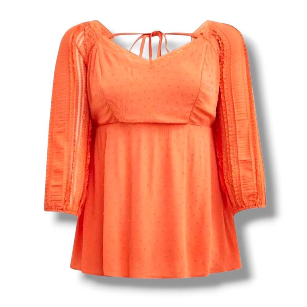 Torrid Plus Size 4X Orange Swiss Dot Babydoll Blouse Lace Sleeve Smocked Top
